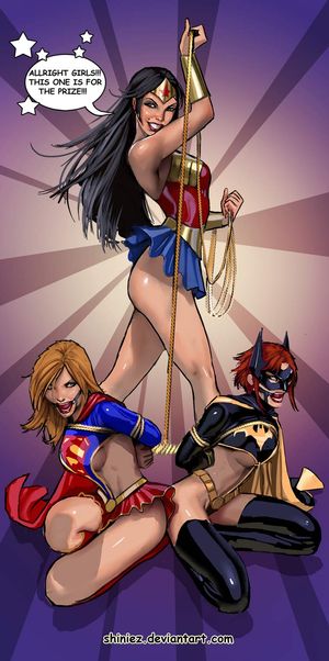 ball_gag batgirl bondage lasso rope shiniez_(artist) supergirl wonder_woman