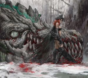 medieval Batgirl vs joker dragon by paulobarrios