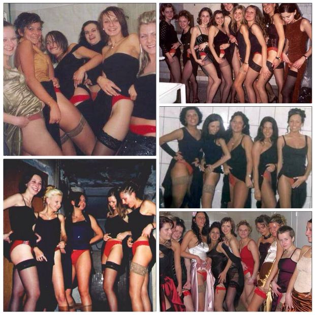 Girls showing off red panty and garter tradition at prom