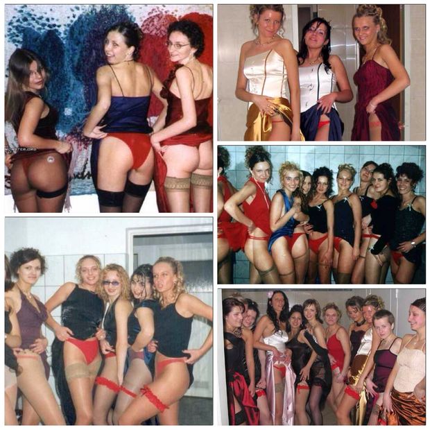 Girls showing off red panty and garter tradition at prom