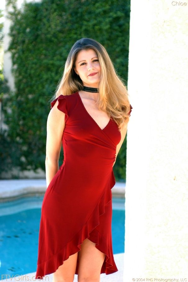 blonde mature in long red dress