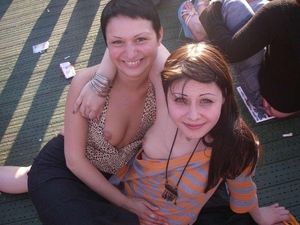 Two friend flashing tit