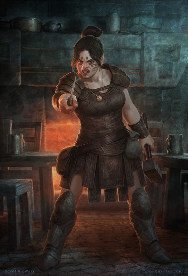 mature dwarf blacksmith points a dagger at you