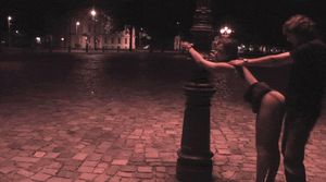 Public night time fucking her from behind to a pole