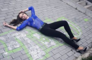 Hot chick in sheer top and leggings outdoor