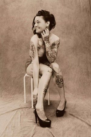 Black and white picture with asian babe tattoo very cute with nice shaved body