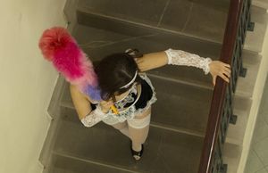 Slutty girl finally found the perfect job for herself, nasty french maid. She cleans up the common stairwell as well