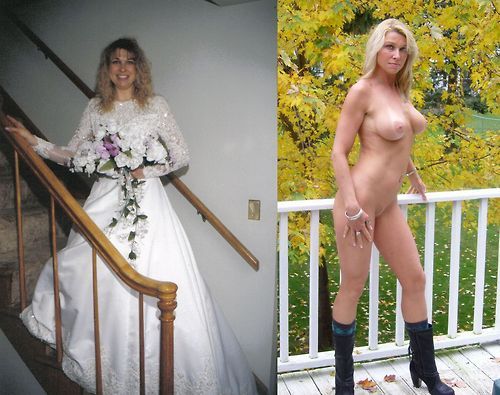 Bride dressed, then naked in boots.