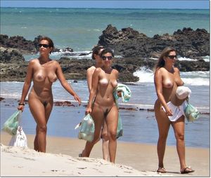 Group of naked ladies on the beach.