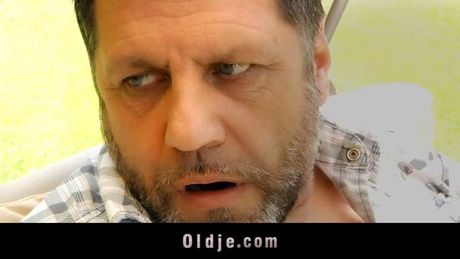 Fat old man and a naughty teen have sex in the garden.She sucks his old dick then enjoy master cunnilingus and fuck hard until he cum facial