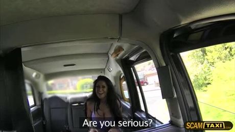 Damn hot brunette customer gets bounced in the fake taxi. She recognize the driver and tells him that she has been in his taxi before.