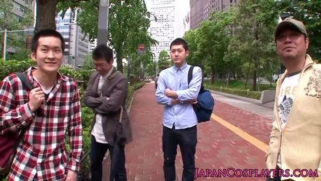 Cosplay catsuit japaneses in public reverse gang bang