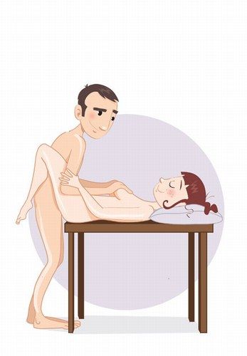 Sex positions - kamasutra: "The Right Angle" - on her back, with her bottom at the edge of the table. He enters her while caressing her.