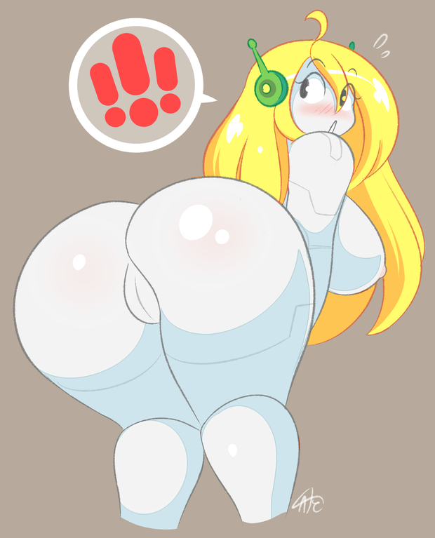 !!! :o ahoge android ass bent_over black_eyes blonde_hair blush cave_story cropped_legs curly_brace female huge_ass huge_breasts long_hair looking_back nude robot_ears robot_joints sideboob simple_background solo theycallhimcake translucent_hair uncensore