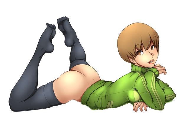 ass black_legwear blush bottomless brown_eyes brown_hair female jacket lying megami_tensei mrsteak on_stomach persona_4 satonaka_chie short_hair simple_background smile solo thighhighs track_jacket white_background