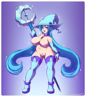 2015 bebecake blue_hair breasts choker crescent_moon elbow_gloves eyeshadow female fingerless_gloves gloves hat heart large_breasts lipstick long_hair looking_at_viewer makeup navel necklace nipples nude original plump pubic_hair pussy smile solo staff st