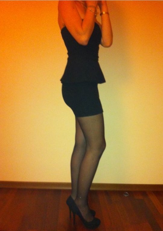 Going out, braless and pantyless, but in tight black mini dress, stockings and heels