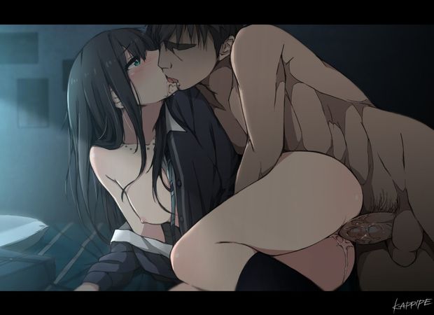 1boy 1girl absurdres artist_name black_hair blush breasts earrings green_eyes hetero highres idolmaster idolmaster_cinderella_girls jewelry kappipe_(brd0520) kiss kneehighs letterboxed long_hair nipples nude open_clothes open_shirt penis pussy_juice saliv