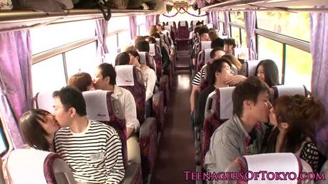Japanese teen groupsex action babes on a bus