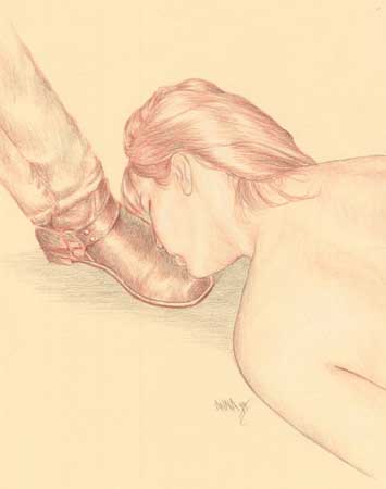 Gorean: position: Obeisance,  submissive, submission, control, slave, kneel, serve, master, owner, legs spread, obedience, discipline, owner