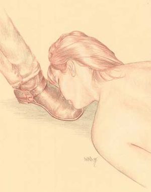 Gorean: position: Obeisance, submissive, submission, control, slave, kneel, serve, master, owner, legs spread, obedience, discipline, owner