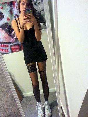 Kaity Cusmano - Loose Fit Tank, Lace Bralette, High Waist Shorts, Hopeless Lingerie Megan Garter, Spiked Choker, Converse High Top Chuck Taylor - What have I seen other than what the bottom looks like?