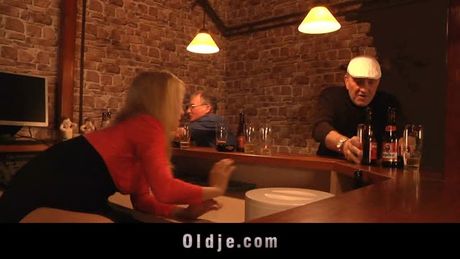 Skinny blonde teen suxks ywo old dicks and fucks two old men to prove her skills.