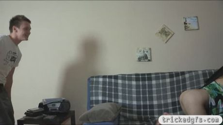 Blindfolded sweetie tricked by her BF