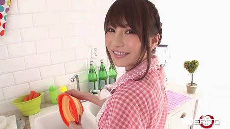 The Japanese house wife gets fucked by the man while she is cooking food. The guy eats not only the food but also her pussy. He fingers her