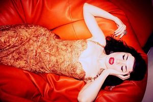 Extraordinary attractive brunette in pinup makeup and golden dress