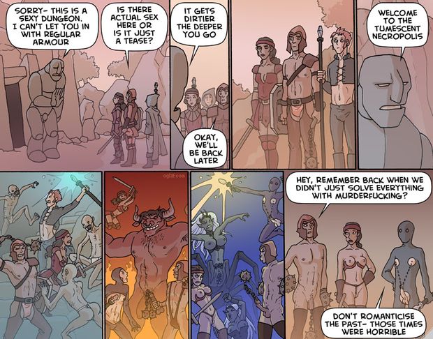 Oglaf the fantasy webcomic.  you MUST follow it.
