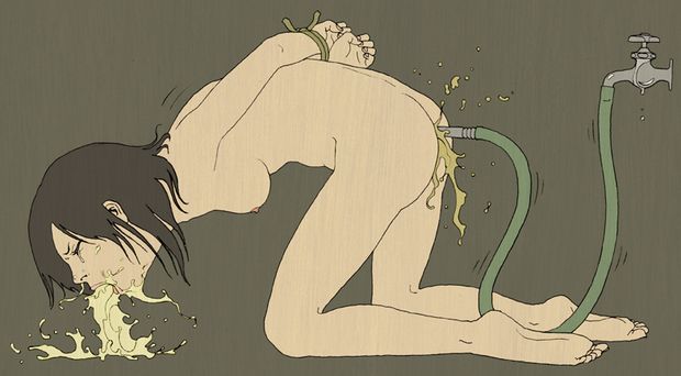 anal_insertion artist_request bondage breasts brown_hair character_request enema faucet female hose nipples nude rope short_hair source_request vomit