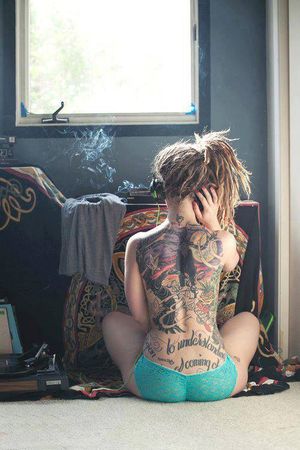 Hot tattoo sister in panty smoking weed