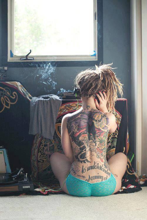Hot tattoo sister in panty smoking weed