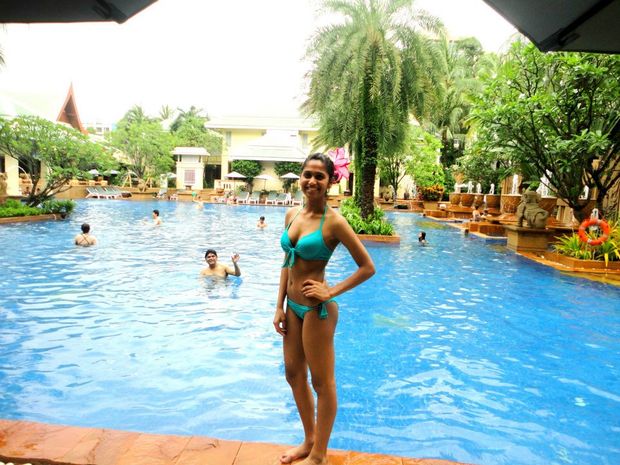 Hot Indian Wife in bikini outside of the pool