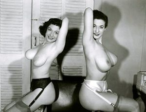 Two gusty brunettes posing in garter belts