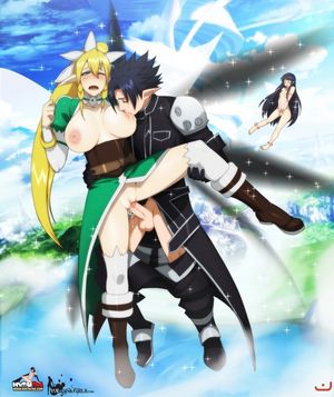 1boy 2girls black_hair blonde_hair blush boots breast_sucking breasts cyberunique fairy flying green_eyes held_up kirito_(sao-alo) large_breasts leafa leg_lift long_hair masturbation multiple_girls penis pointy_ears ponytail pussy_juice sex sword_art_onli