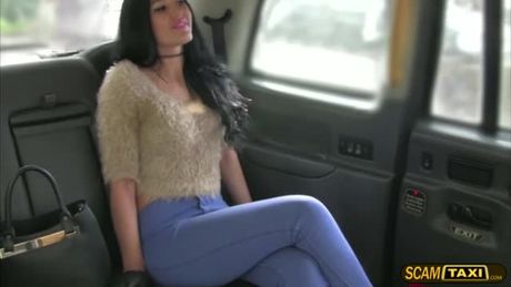Damn cute brunette girl Carmel is really hot and she jumps on the backseat of the taxi as she goes to her damn crazy boyfriend.