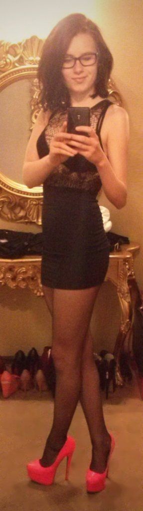 Smoking hot young brunette before going out, wearing tight short mini see through dress, sockings and pink high heels platforms