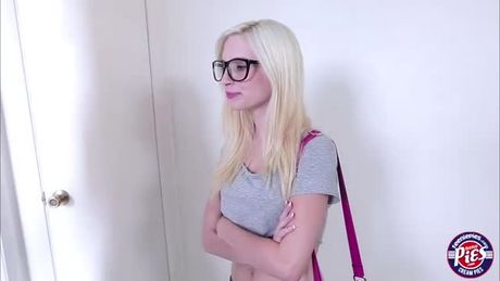 Sexy blonde teen Piper gets her tight pussy pounded hard by her boyfriends big hard and dick on her couch. The guy then fucked her hard.