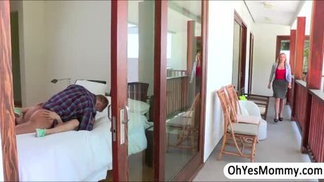 Naughty stepmom Jennifer busts teen Skylar having sex with her bf. She makes a sex deal with the, Skylar agrees to have threesome sex.