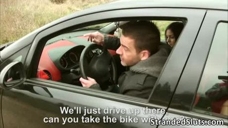 Blonde teen Anina gets rescued by two guys with car on a lonely street after she gets lost by the street. She then offered him a great sex.