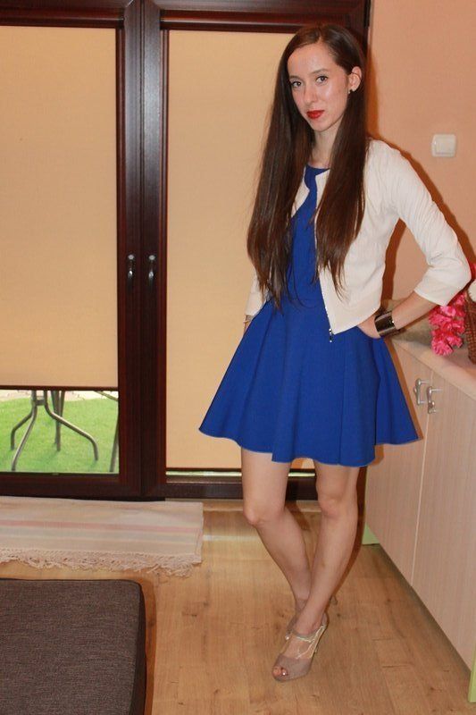 Wearing blue dress