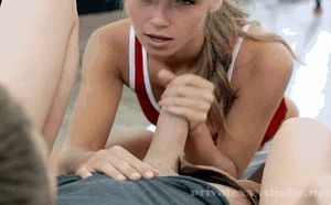 Hot blonde teen stroking a dick