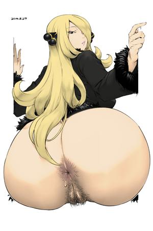 1girl alpha_channel anal_hair anus ass back blonde_hair bottomless cynthia_(pokemon) decensored female female_only from_behind hair_over_one_eye hairy highres human jacket lips long_hair looking_at_viewer looking_back orushibu photoshop pokemon pubic_hair