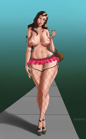 asami_sato avatar_the_last_airbender bikini_top breasts brown_hair cleavage colored exhibitionism eyes_shadow female fishnet fishnet_thighhighs garter_straps green_eyes handbag high_heels large_breasts legoman lm_(legoman) long_hair makeup micro_bikini mi