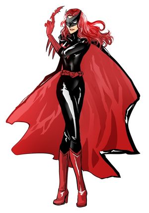 batman_(series) batwoman bodysuit boots cape dc_comics female full_body gloves highres latex lipstick long_hair mask petri red_hair redhead solo standing