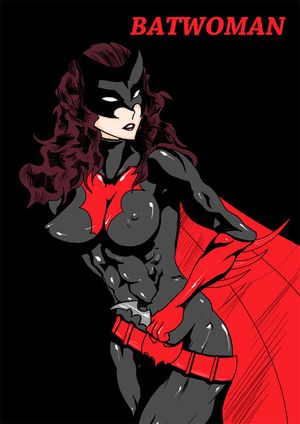 abs batman_(series) batwoman belt cape dc_comics erect_nipples female long_hair mask muscle muscular_female nipples nousk red_hair skin_tight solo