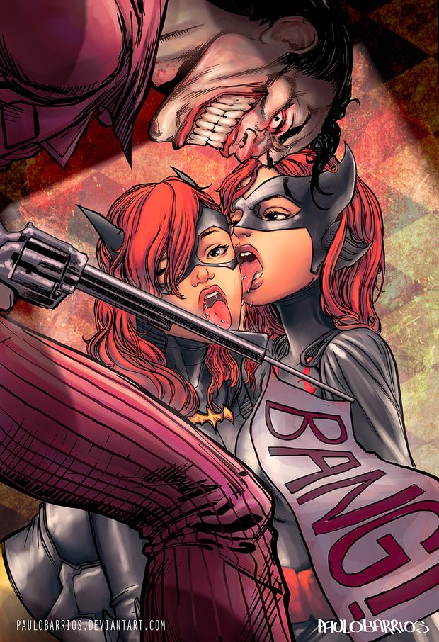 1boy 2girls artist_name bat_ears batgirl batwoman cape dc_comics flag gun highres licking licking_weapon lips lipstick makeup mask multiple_girls open_mouth paulo_barrios piercing red_hair sexually_suggestive the_joker tongue tongue_out tongue_piercing wa
