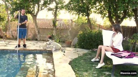 Schoolgirl teen unwanted creampie cumshot by the pool boy